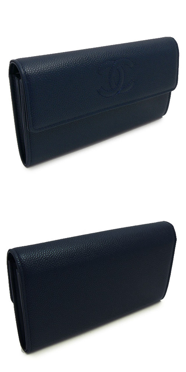 財布 コピー シャネル 長財布 二つ折りフラップ  ココマーク キャビアスキン/レザー ネイビー A50070