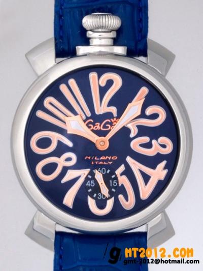 ガガ･ミラノ 偽物時計代引き対応安全 マニュアル48mm 手巻き 5010.5 ブルー皮 ブルー/ピンクゴールドアラビア